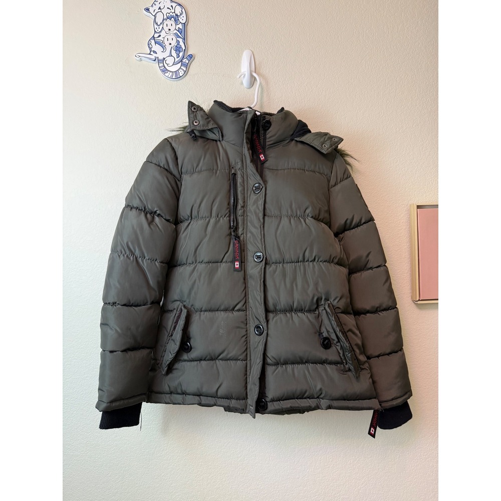 Canada Weathergear Womens Olive Green Puffer Jacket Faux Fur Hood Parka Large